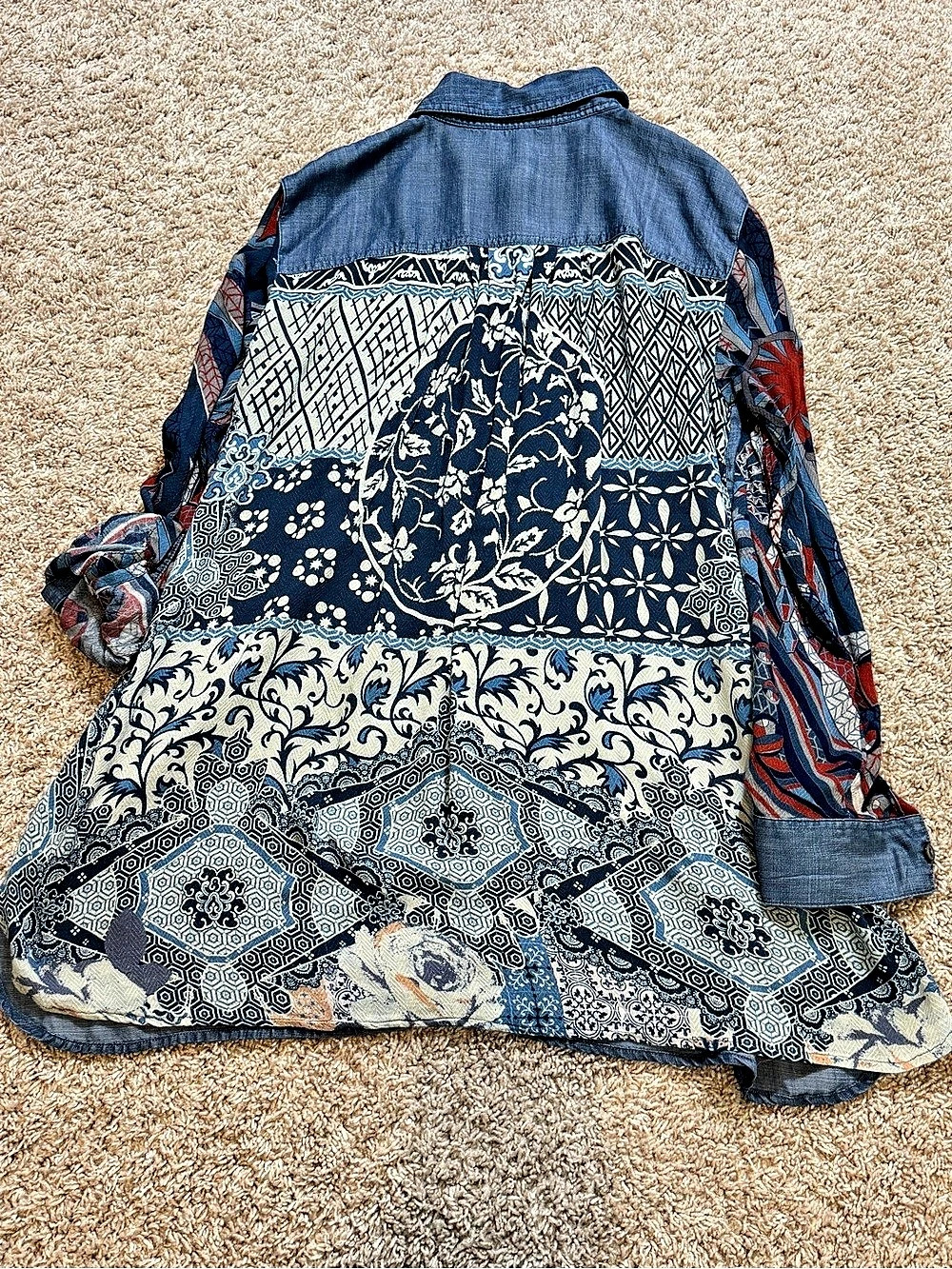 John Mark Mixed Print Chambray Button-Down Tunic Blue Size Medium